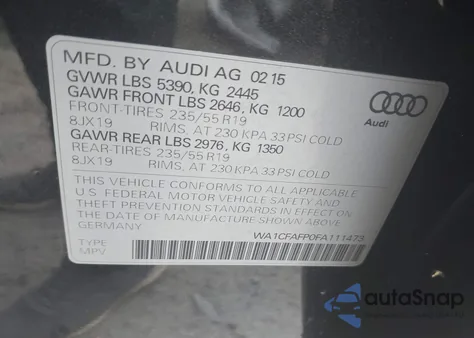 2015 Audi Q5 2.0T Premium из США, поврежденный, VIN WA1CFAFP0FA111473